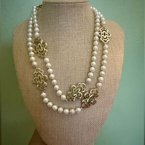 Elegant Gold and White Pearl Long Charter Club Necklace